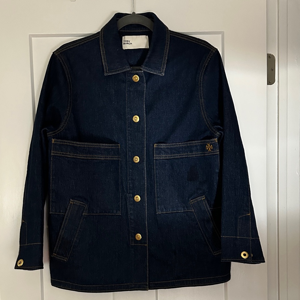 Tory Burch Dark Blue Barn Jacket with Gold Buttons